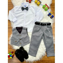 Conjunto Social Pajem Camisa Branca Calça Gravata e Colete Cinza