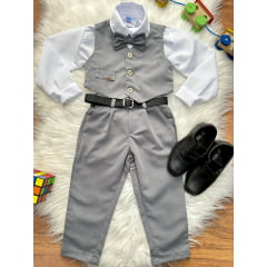 Conjunto Social Pajem Camisa Branca Calça Gravata e Colete Cinza