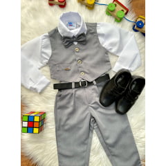 Conjunto Social Pajem Camisa Branca Calça Gravata e Colete Cinza
