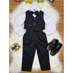 Conjunto Social Pajem Camisa Branca Calça Gravata e Colete Preto