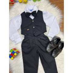 Conjunto Social Pajem Camisa Branca Calça Gravata e Colete Preto