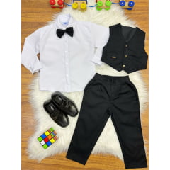 Conjunto Social Pajem Camisa Branca Calça Gravata e Colete Preto