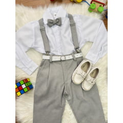 Conjunto Social Pajem Camisa Branca Calça Gravata e Susp. Cinza