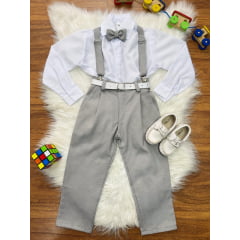 Conjunto Social Pajem Camisa Branca Calça Gravata e Susp. Cinza