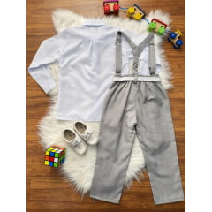 Conjunto Social Pajem Camisa Branca Calça Gravata e Susp. Cinza