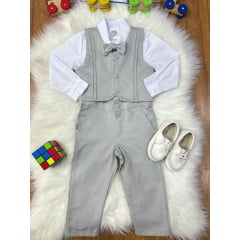 Conjunto Social Pajem Camisa Branca com Calça e Colete Cinza