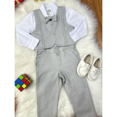 Conjunto Social Pajem Camisa Branca com Calça e Colete Cinza