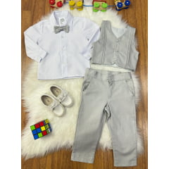 Conjunto Social Pajem Camisa Branca com Calça e Colete Cinza