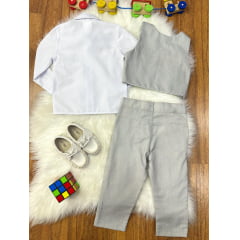 Conjunto Social Pajem Camisa Branca com Calça e Colete Cinza