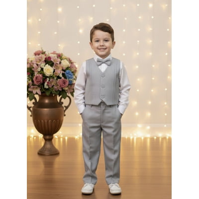 Conjunto Social Pajem Camisa Branca com Calça e Colete Cinza
