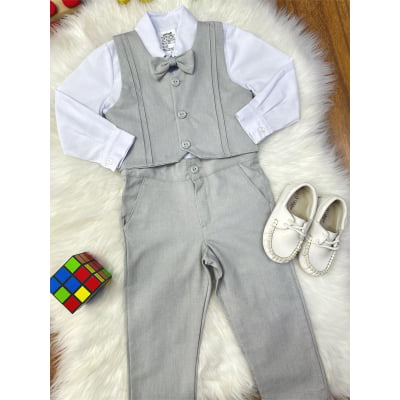 Conjunto Social Pajem Camisa Branca com Calça e Colete Cinza