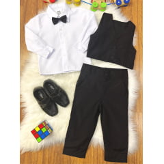 Conjunto Social Pajem Camisa Branca com Calça e Colete Preto