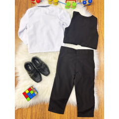 Conjunto Social Pajem Camisa Branca com Calça e Colete Preto