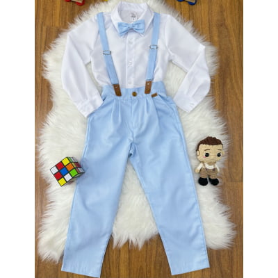 Conjunto Social Pajem Camisa Branca com Calça e Susp. Azul
