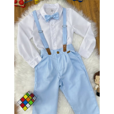 Conjunto Social Pajem Camisa Branca com Calça e Susp. Azul