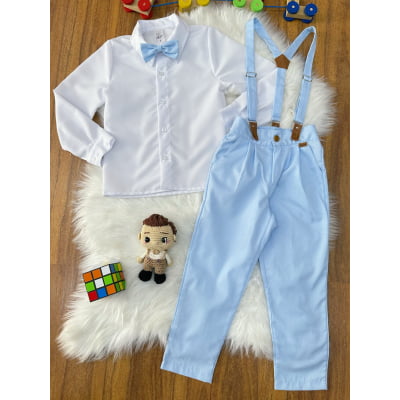 Conjunto Social Pajem Camisa Branca com Calça e Susp. Azul