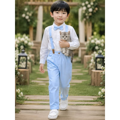 Conjunto Social Pajem Camisa Branca com Calça e Susp. Azul Conjunto Social Pajem Camisa Branca com Calça e Susp. Azul