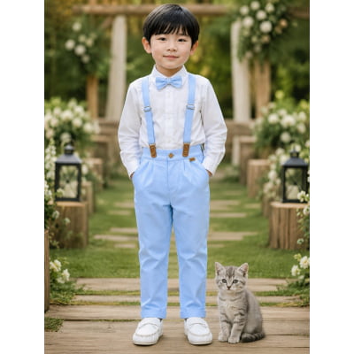 Conjunto Social Pajem Camisa Branca com Calça e Susp. Azul