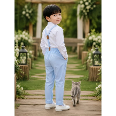 Conjunto Social Pajem Camisa Branca com Calça e Susp. Azul