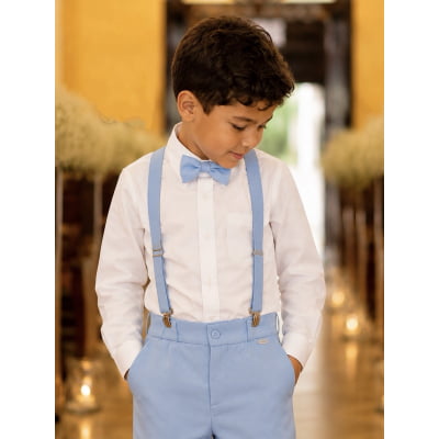Conjunto Social Pajem Camisa Branca com Calça e Susp. Azul Bebê