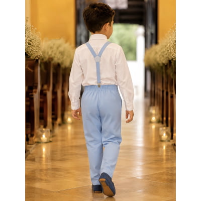 Conjunto Social Pajem Camisa Branca com Calça e Susp. Azul Bebê