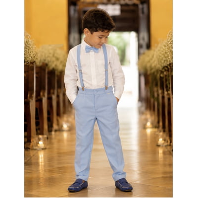 Conjunto Social Pajem Camisa Branca com Calça e Susp. Azul Bebê