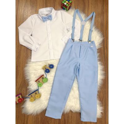 Conjunto Social Pajem Camisa Branca com Calça e Susp. Azul Bebê