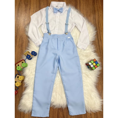 Conjunto Social Pajem Camisa Branca com Calça e Susp. Azul Bebê