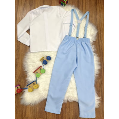 Conjunto Social Pajem Camisa Branca com Calça e Susp. Azul Bebê
