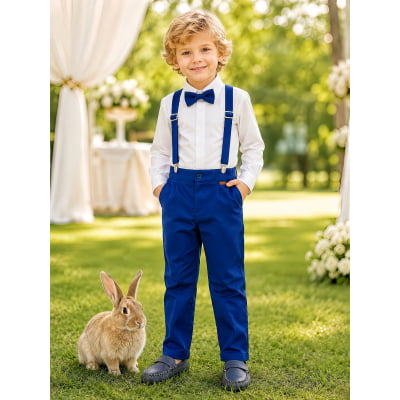 Conjunto Social Pajem Camisa Branca com Calça e Susp. Azul Royal