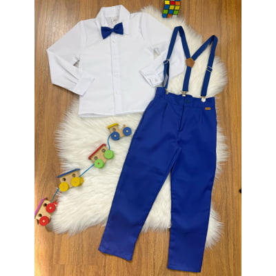 Conjunto Social Pajem Camisa Branca com Calça e Susp. Azul Royal