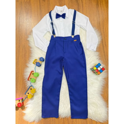 Conjunto Social Pajem Camisa Branca com Calça e Susp. Azul Royal