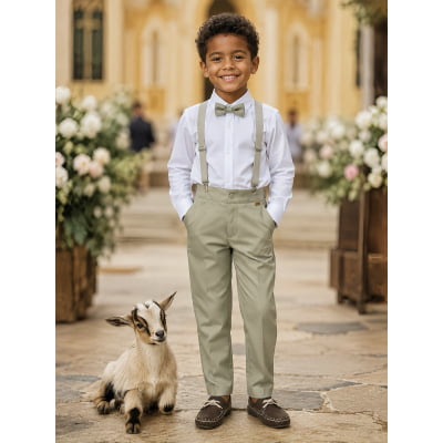 Conjunto Social Pajem Camisa Branca com Calça e Susp.Bege