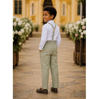 Conjunto Social Pajem Camisa Branca com Calça e Susp.Bege