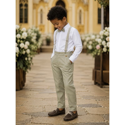 Conjunto Social Pajem Camisa Branca com Calça e Susp.Bege