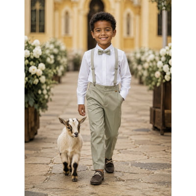 Conjunto Social Pajem Camisa Branca com Calça e Susp.Bege Conjunto Social Pajem Camisa Branca com Calça e Susp.Bege