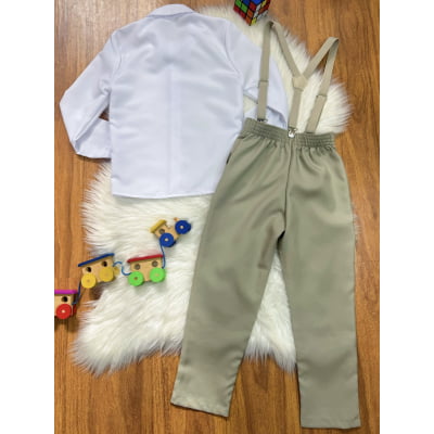 Conjunto Social Pajem Camisa Branca com Calça e Susp.Bege
