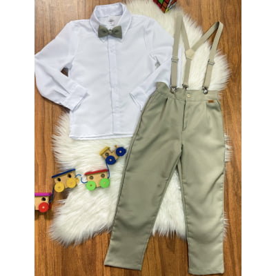 Conjunto Social Pajem Camisa Branca com Calça e Susp.Bege