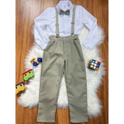 Conjunto Social Pajem Camisa Branca com Calça e Susp.Bege