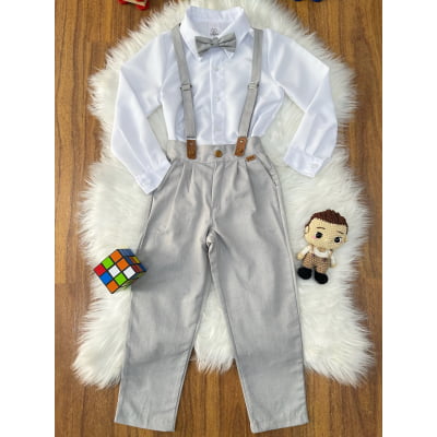 Conjunto Social Pajem Camisa Branca com Calça e Susp. Cinza