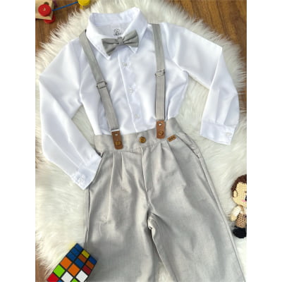 Conjunto Social Pajem Camisa Branca com Calça e Susp. Cinza