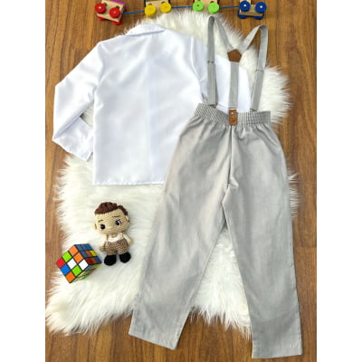Conjunto Social Pajem Camisa Branca com Calça e Susp. Cinza