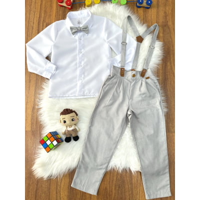 Conjunto Social Pajem Camisa Branca com Calça e Susp. Cinza