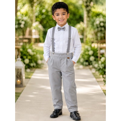 Conjunto Social Pajem Camisa Branca com Calça e Susp.Cinza