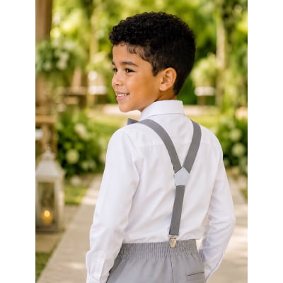 Conjunto Social Pajem Camisa Branca com Calça e Susp.Cinza