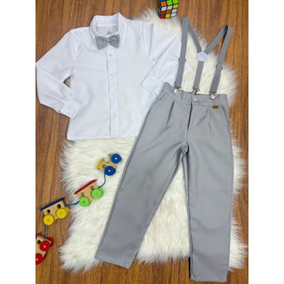 Conjunto Social Pajem Camisa Branca com Calça e Susp.Cinza