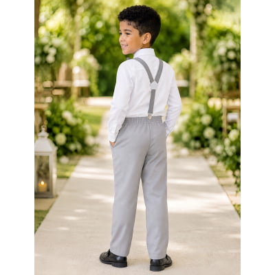 Conjunto Social Pajem Camisa Branca com Calça e Susp.Cinza