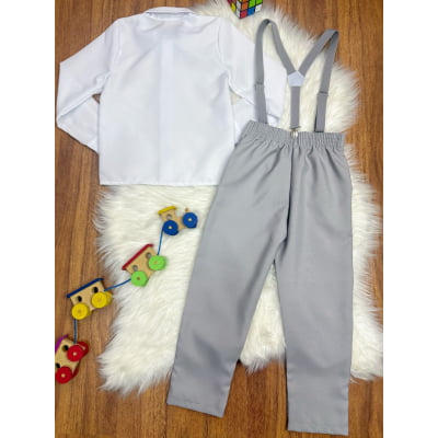 Conjunto Social Pajem Camisa Branca com Calça e Susp.Cinza