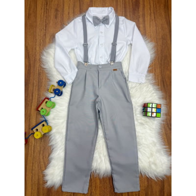 Conjunto Social Pajem Camisa Branca com Calça e Susp.Cinza