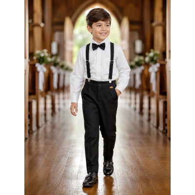 Conjunto Social Pajem Camisa Branca com Calça e Susp. Preto Conjunto Social Pajem Camisa Branca com Calça e Susp. Preto
